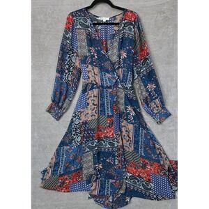 Indigo Rose Patchwork Floral Faux Wrap Dress Womens XL Blue Boho Festival